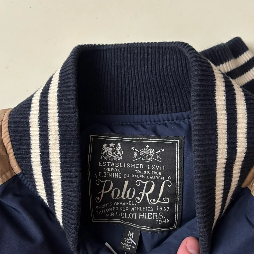Polo Ralph Lauren Varsity Duck Down Puffer Bomber Jacket Size Medium Navy Blue